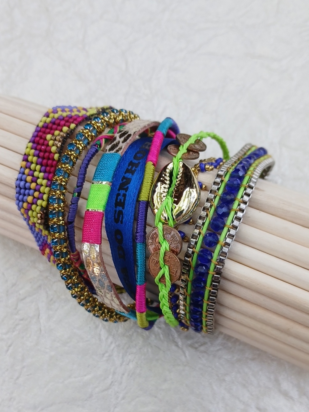 Hipanema Neon Multistrand Beaded Rhinestone Bracelet with Gold Seashell